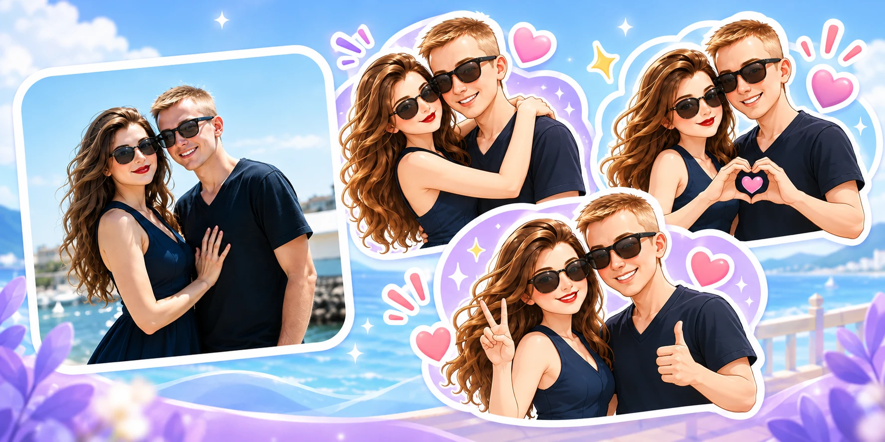 Sube una foto juntos para crear 12 stickers de momentos cariñosos en pareja.