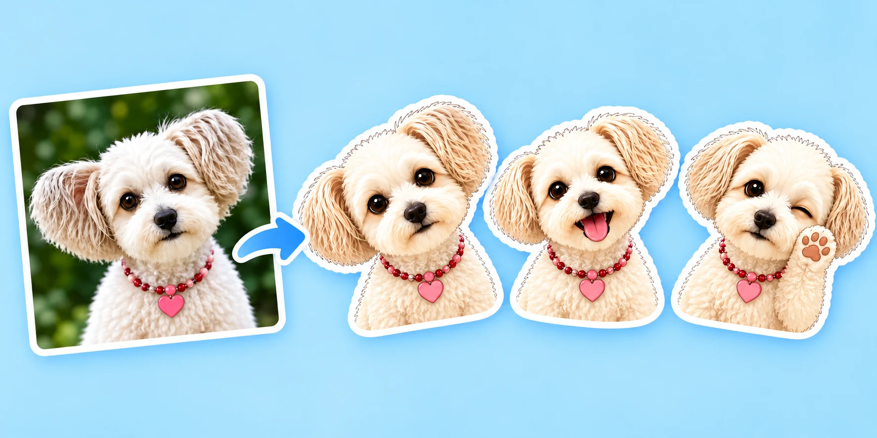 Convierte una foto de tu mascota en 12 stickers de reacciones divertidas.