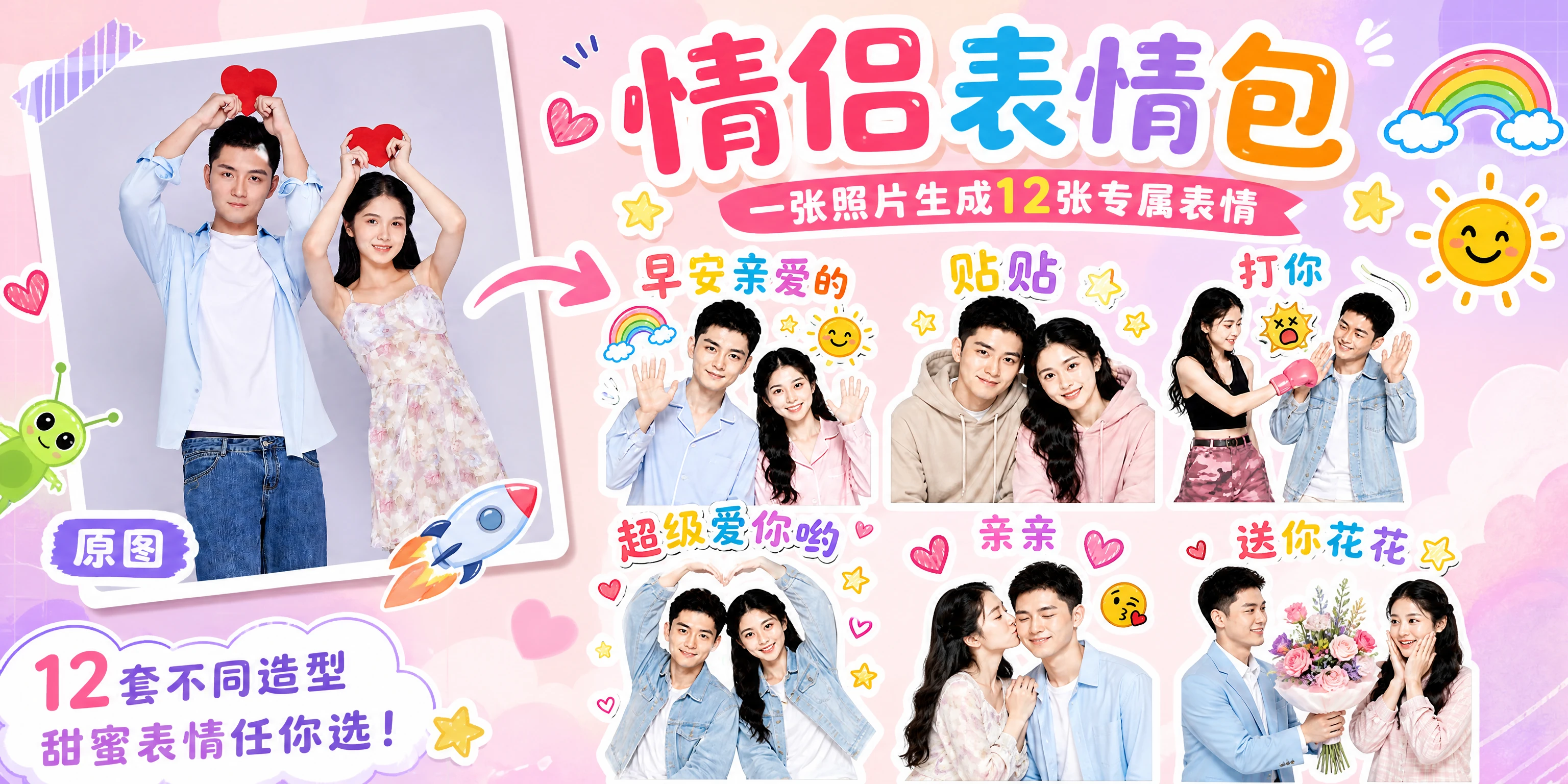 上传一张情侣合照,获得12张甜蜜治愈的真人手绘涂鸦静态表情包。